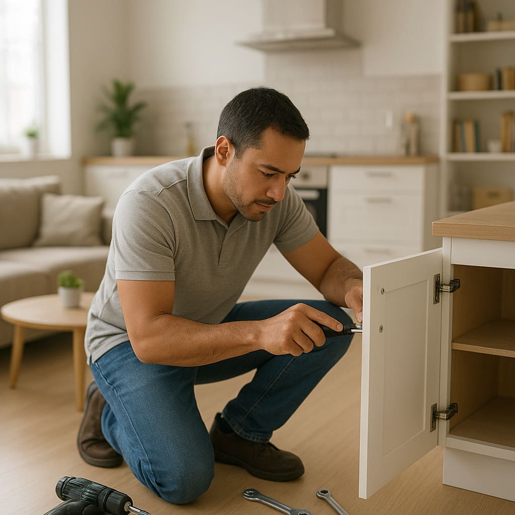Handwerker bei einer kleinen Reparatur in einer hellen Wiener Wohnung